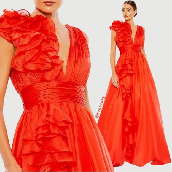 Mac Duggal Size 0 Cherry Red Ruffle V-Neck Chiffon Ballgown Long Gown Maxi Dress - Picture 1 of 4
